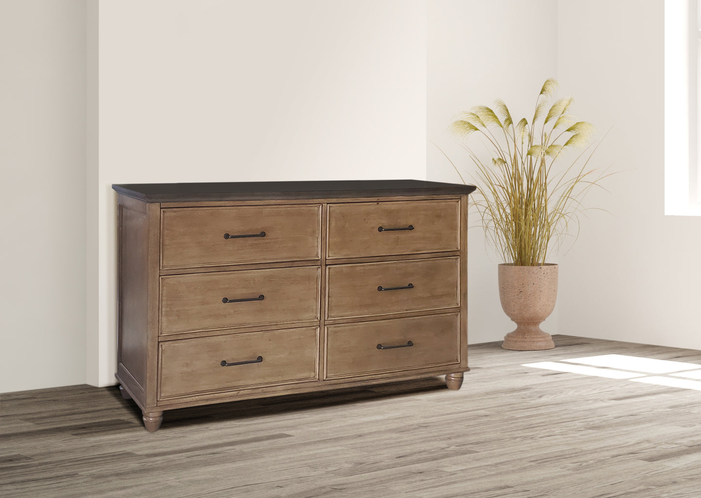 Vista 6 Drawer Dresser - Hickory & Coal & Hickory & Shell